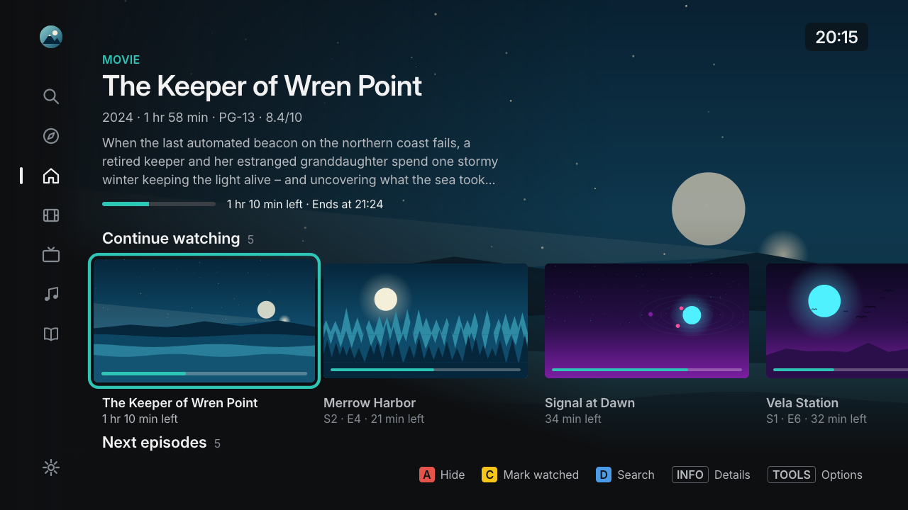 Neolume home screen on a Samsung TV: Continue Watching, Up Next and background art