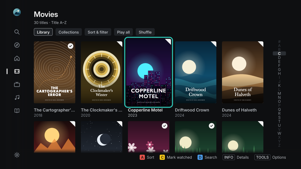 Movie library grid with sort and filter
