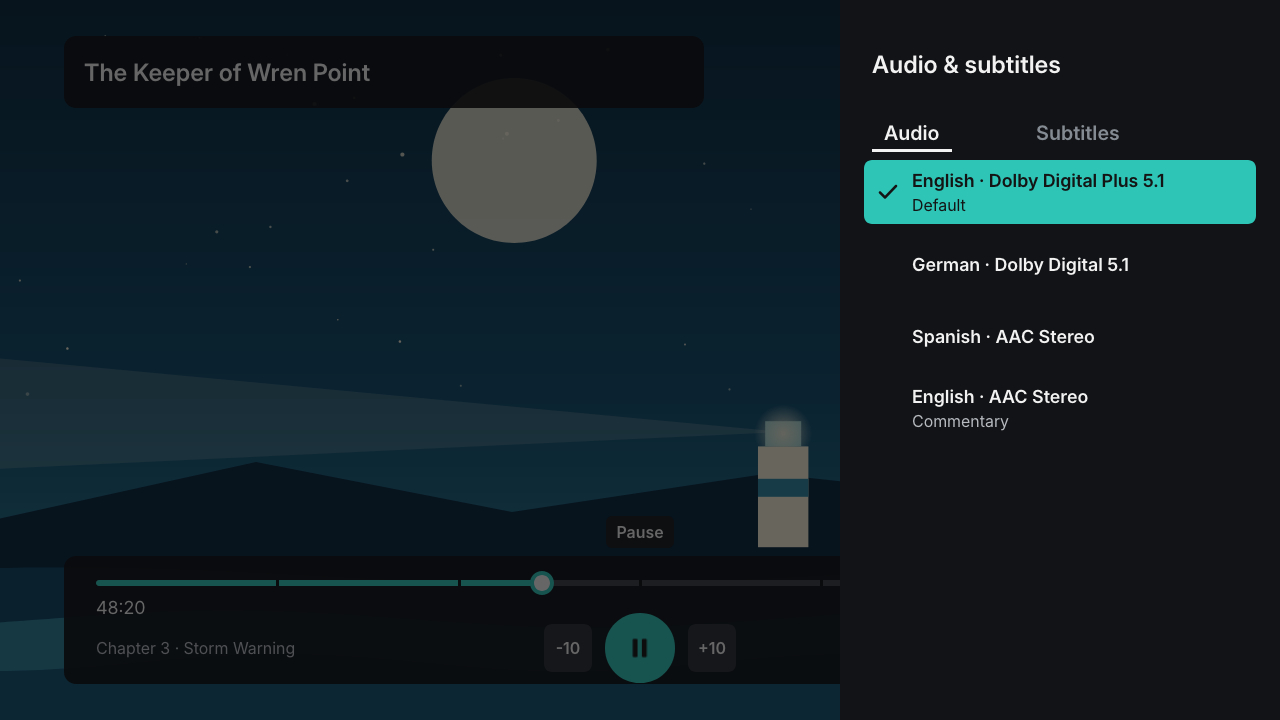 Audio and subtitle panel